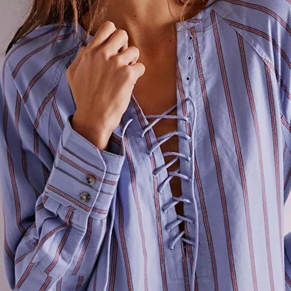 NEW WE THE FREE BY FREE PEOPLE LISBON STRIPED LACE UP TUNIC BLUE SMALL - Picture 3 of 10